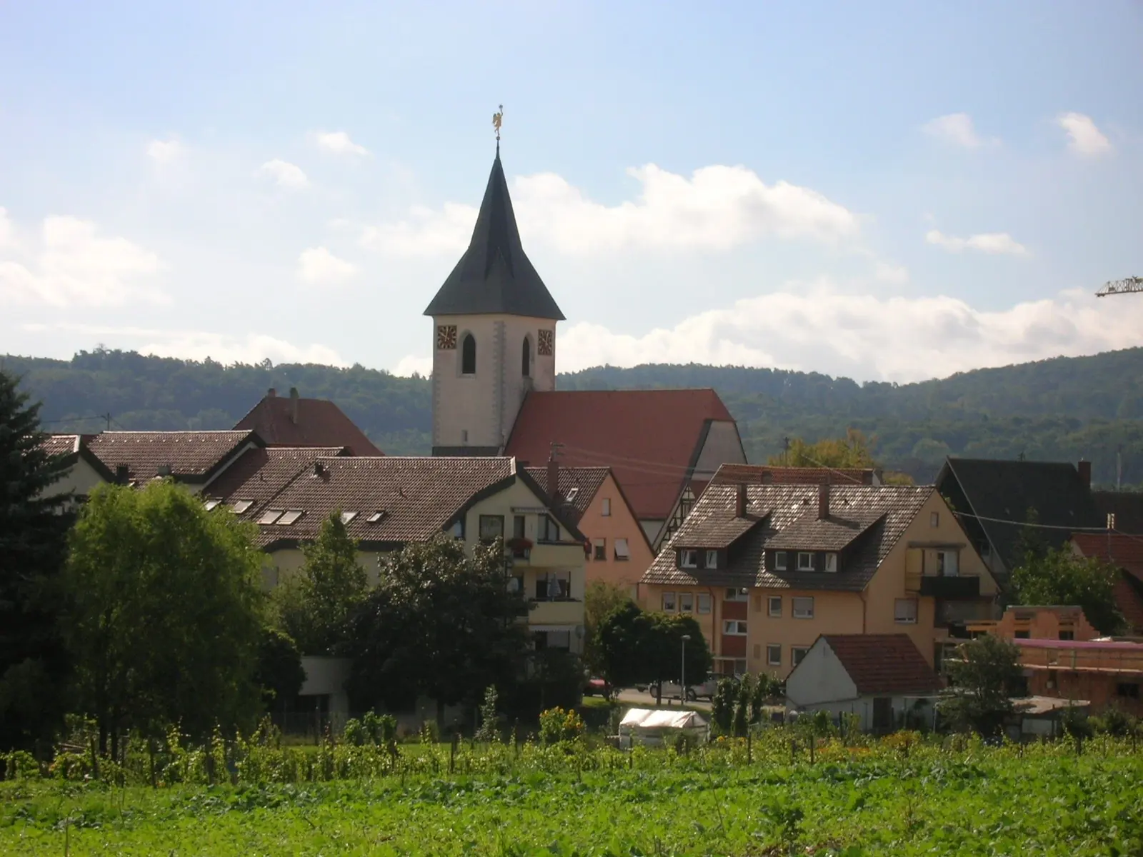 Schwaikheim mit dem Turm der Mauritiuskirche